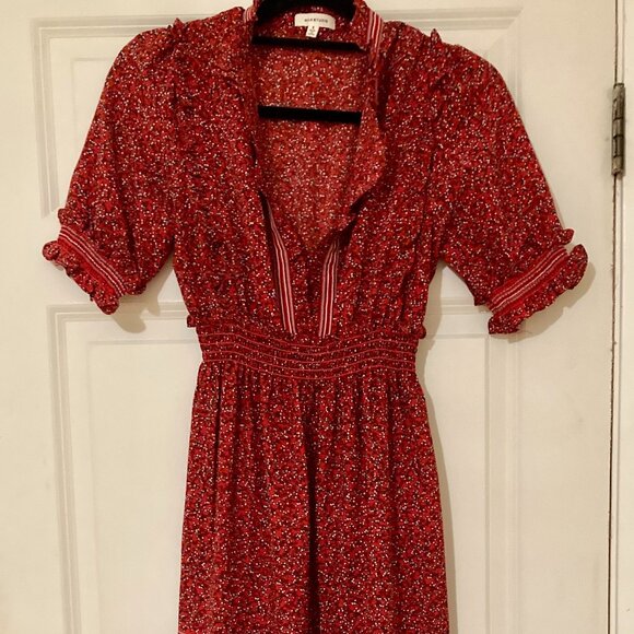 Max Studio Red with Micro Floral Long Dress – Size S – Ruffle Neckline & Smocked - Picture 1 of 6